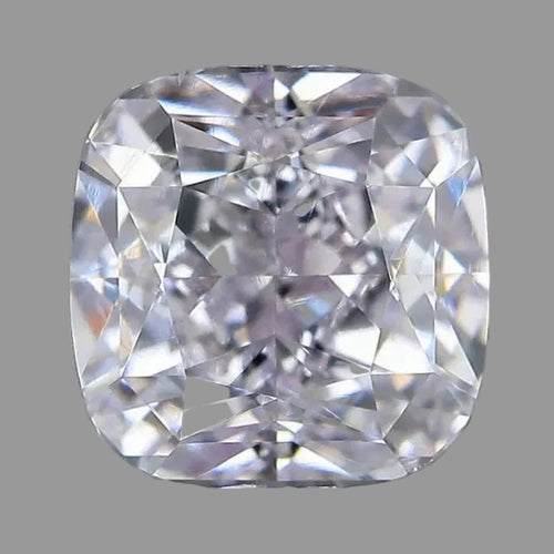 A cushion-cutFancy light Purpelish pink diamond with brilliant faceting,  against a solid gray background.