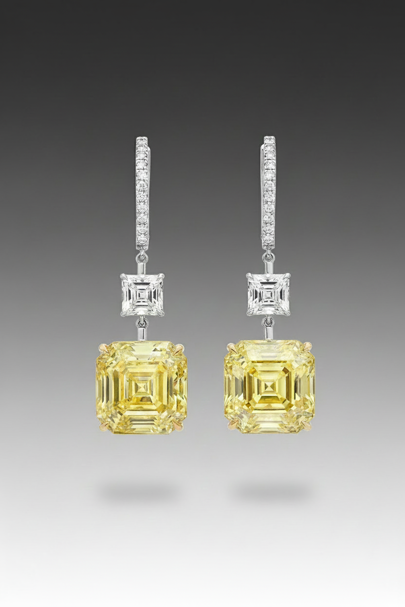 10.26ct TW Matched Pair Fancy Intense Yellow Asscher Cut Diamonds