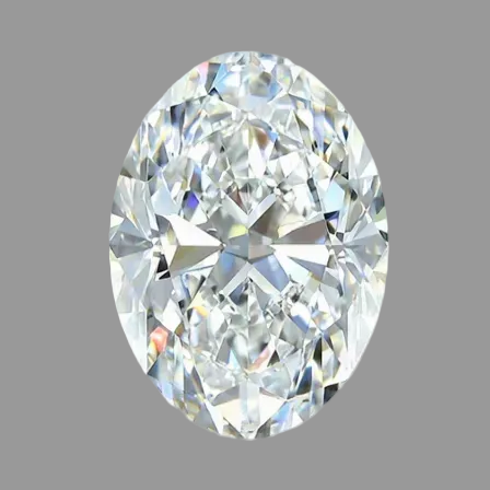 An oval-cut brilliant diamond, shown in a top-down view against a solid gray background.