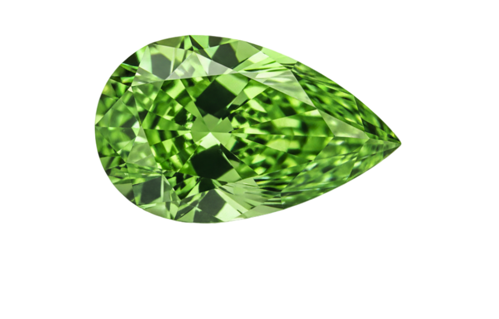 A single faceted pear-cut green diamond shown on a plain white background.