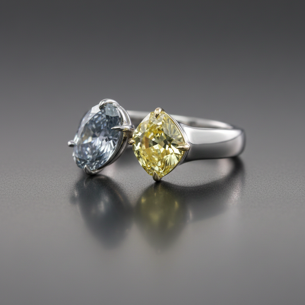 FANCY DARK GRAY-BLUE OVAL AND fANCY VIVID YELLOW on a DArk gray background