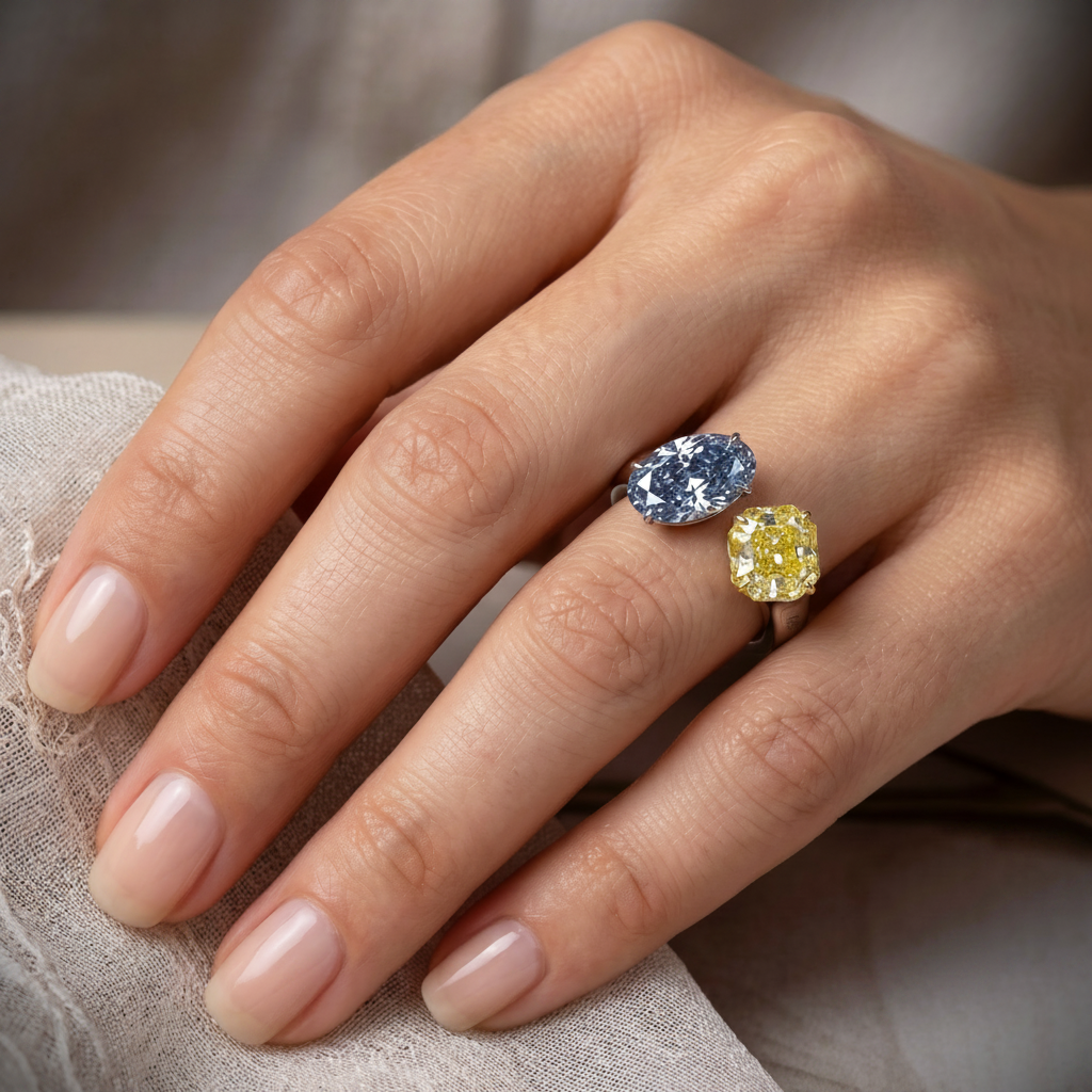 FANCY DARK GRAY-BLUE OVAL AND fANCY VIVID YELLOW on a HAND
