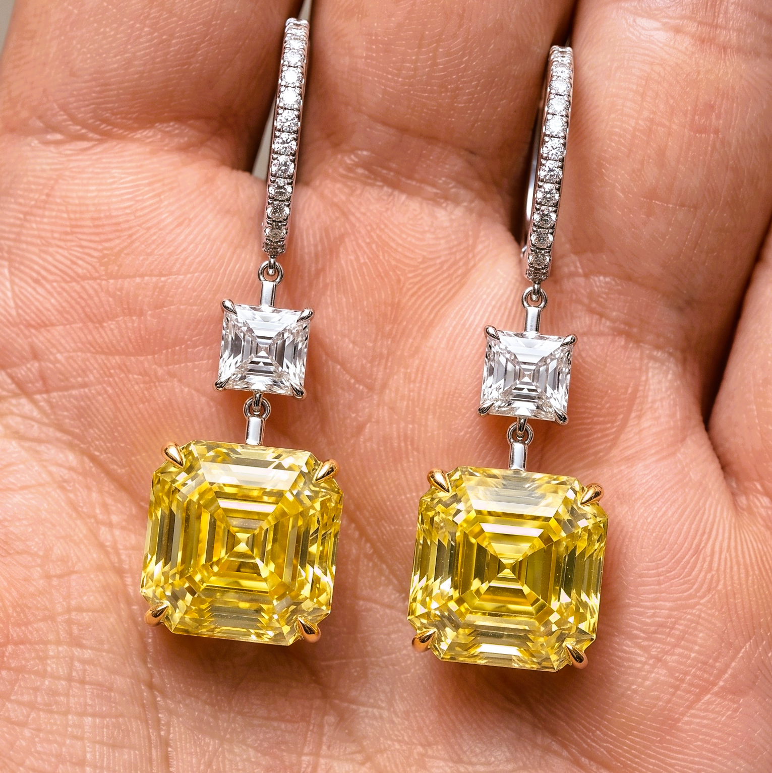 10.26ct TW Matched Pair Fancy Intense Yellow Asscher Cut Diamonds