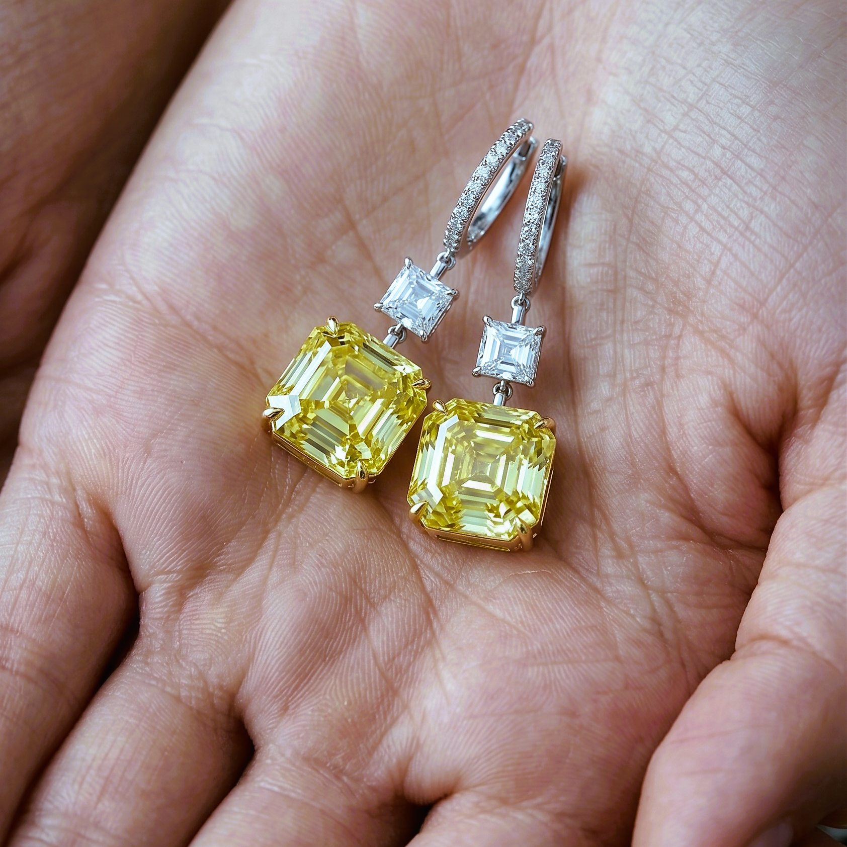 10.26ct TW Matched Pair Fancy Intense Yellow Asscher Cut Diamonds